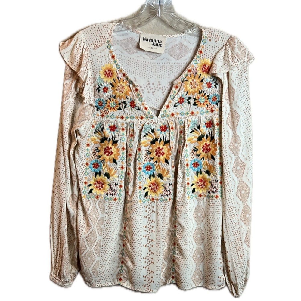 Savanna Jane Small  Embellished Cream Orange‎ Ruffled Blouse J-Was Vibes